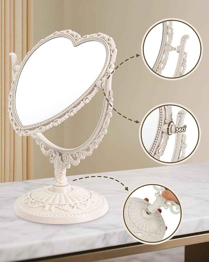 Heart Shaped Cute Vanity Princess Mirror for Desk,Double-Sided Rotatable Table with Stand Downtown Girl Room Coquette Decor (Beige)