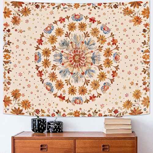Boho Floral Mandala Tapestry Wall Hanging Watercolor Bohemian Flower Medallion Tapestry Aesthetic Beige Orange Hippie Indian Small Tapestries for Bedroom Living Room Dorm Decor 48 x 36 Inch