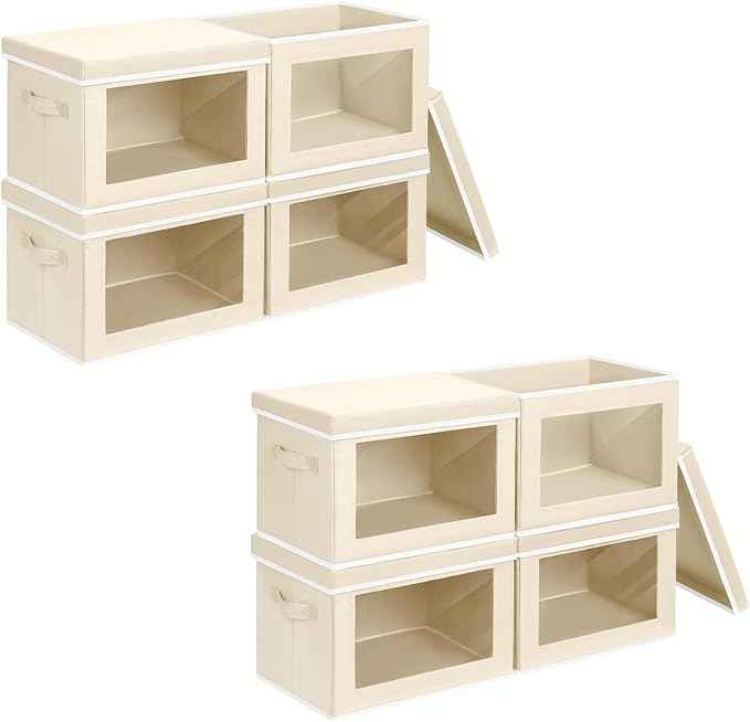 Storage Bins with Lids - Fabric Closet Storage Bins with Window, Collapsible Baskets for Shelves, Home Decorative Boxes for Clothes, Closet, Office, Beige