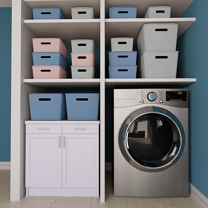 Glad Storage Baskets with Lids - Set of 4 Stackable Plastic Boxes with Handles - Decorative Shelf Organizer Bins for Bathroom and Closet, Blue, 4.7 Gallon