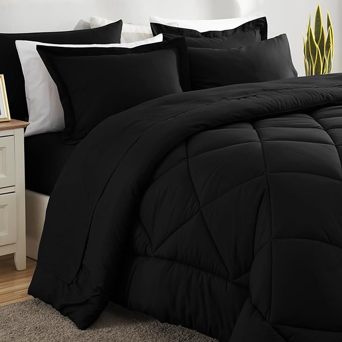 CozyLux Full Size Comforter Sets Black - 7 Pieces Bed in a Bag Full, Luxury Soft Bed Set for All Seasons, Bedding Set with Down Alternative Comforter, Sheets, Pillowcases & Shams