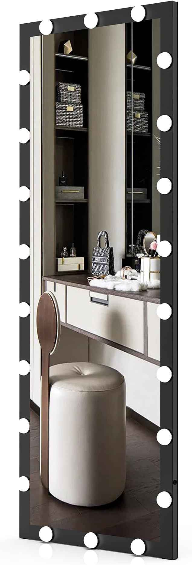 Full Length Mirror with Lights, 65" x 24" Led Standing Mirror, Wall Mounted and Floor Standing Bulbs, Wall Mounted for Bedroom,Dimming&3 Color Modes (Black)