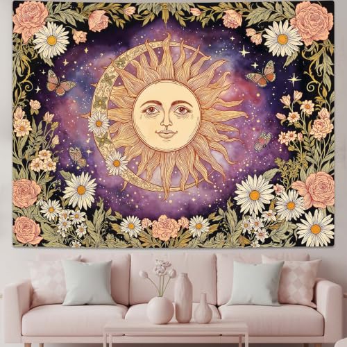 Vintage Sun and Moon Boho Hippie Purple Floral Tapestry 48 x 36 Inch