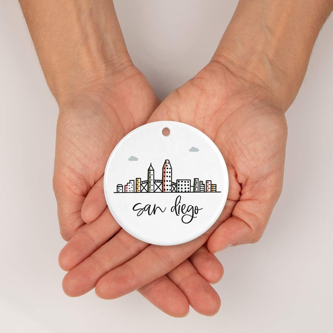 Andaz Press Round Ceramic Porcelain Christmas Tree Ornament Keepsake, San Diego Colorful City Skyline Graphic, 1-Pack, Birthday Gift Ideas Family Coworker Him Her, Includes Gift Box