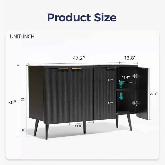 47.2" Modern Fluted Sideboard Cabinet with 4 Doors, Wood Storage Credenza with Shelves, Multi-Purpose Buffet Cabinet for Entryway, Dining & Living Room, Black