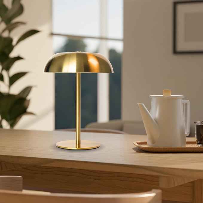 Portable LED Mushroom Table Lamp, 8.46'' Small Cordless Desk Night Light with 5200mAh Rechargeable Battery, Stepless Dimming Lamp with 3 Colors for Bedroom/Bar/Coffee Shop (Gold)