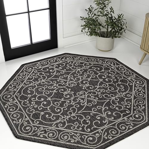 Vintage Filigree Indoor Outdoor Octagon Area Rug 5 Ft Black