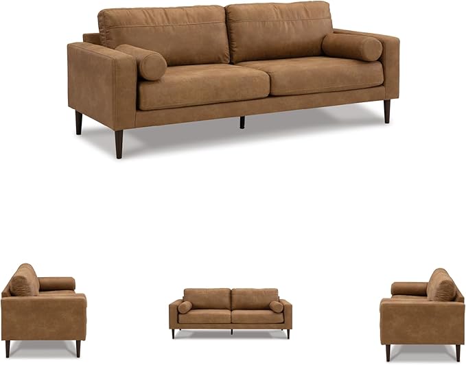 Signature Design by Ashley Telora Faux Leather Sofa, 2 Bolster Pillows, Loose Cushions, Faux Wood Finish Accent Legs, 85" W x 35" D x 35" H, Dark Brown