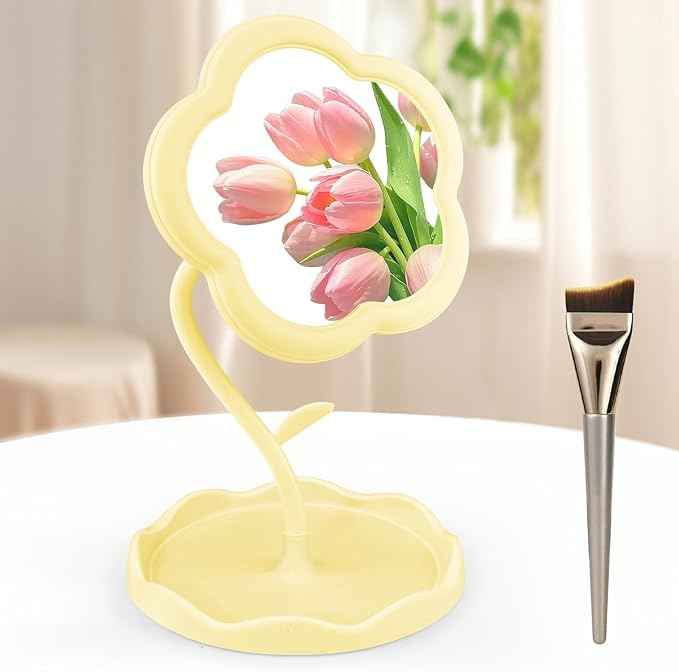 Yellow Desk Vanity Mirror Flower Compact Adjustable Desk Mirror Office Cubicle with Jewelry Tray & Foundation Brush, Cute Makeup Mirror with Standing, Home Decor for Bedroom Living Room Dormitory