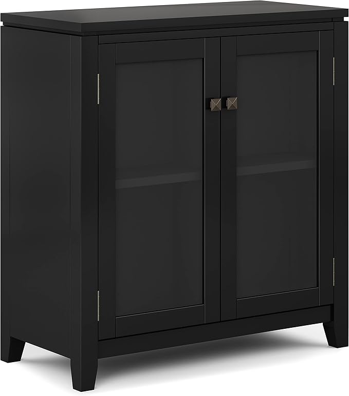 SIMPLIHOME Cosmopolitan Storage Cabinet - 30 inch Wide Solid Wood Low Cabinet in Black, Contemporary Console for Entryway, Living Room, or Dining Room with Glass Doors and Adjustable Shelves