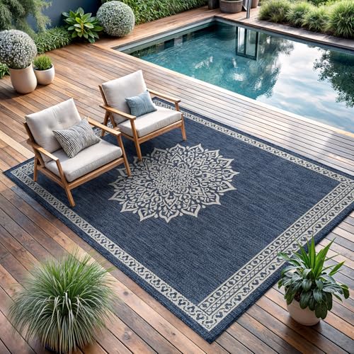 Outdoor Rug 6x9 Medallion Blue Modern Area Rugs for Indoor and Outdoor Patios Kitchen and Hallway Mats Washable Porch Deck Outside Carpet (60 Sq Ft)