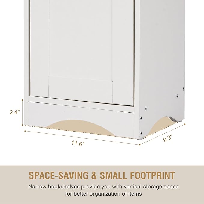 VECELO Narrow Tall Storage Cabinet, Modern Multi-Purpose Bookshelf with Adjustable Shelves & Closed Door, for Kitchen, Living Room, Bathroom, Bedroom, White