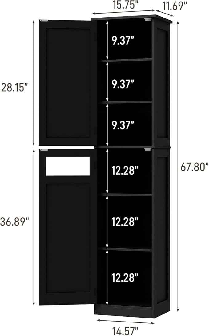 Vabches Tall Bathroom Cabinet, Slim Bathroom Storage Cabinet with Adjustable Shelves and 2 Doors, Narrow Floor Storage Cabinet for Bathrooms, Kitchen, Living Room, Black