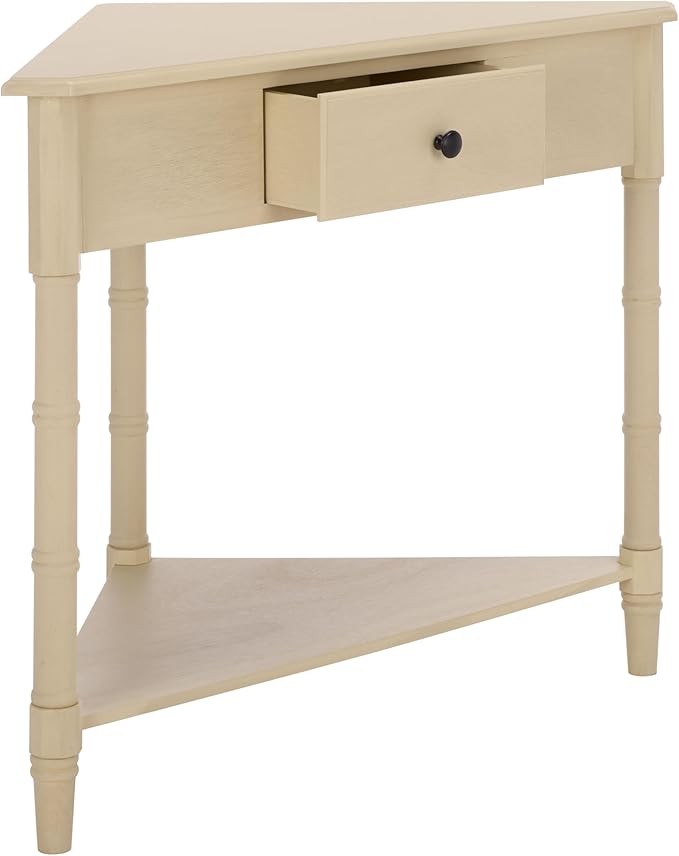 SAFAVIEH Home Collection – Gomez Sand Corner Table, 1-Drawer Space-Saving Triangle Accent Table, Classic Turned-Leg Design (AMH5709G)