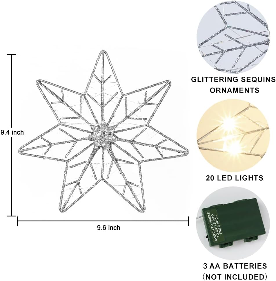 YEAHOME Christmas Tree Topper, Silver Glittered Hollow 7-Point Star Tree Topper, Lighted Wire Star with 20 LED Lights for Christmas Treetop, Xmas Tree Topper with Timer, Christmas Tree Decorations