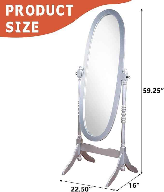Full Length Mirror with Stand, Swivel Adjustable Oval Wood Cheval Floor Mirror, Dressing Cheval Mirror for Bedroom Livingroom, Interior Gift Idea (Silver)