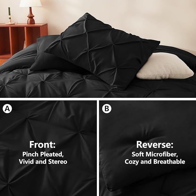 CozyLux Full Size Comforter Sets Black, 7 Pieces Pintuck Bed in A Bag Black Comforter Full Size, Pinch Pleat Bedding Sets with All Season Comforter, Sheets, Pillowcases & Shams