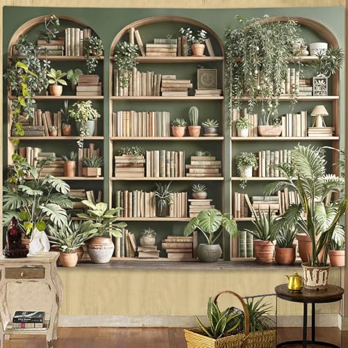 Sage Green Plant Bookshelf Tapestry Botanical Bookshelf Tapestries Wall Hanging Vintage Potted Plants Library Backdrop Large Tapestry for Bedroom Living Room Dorm 80 x 60 inch