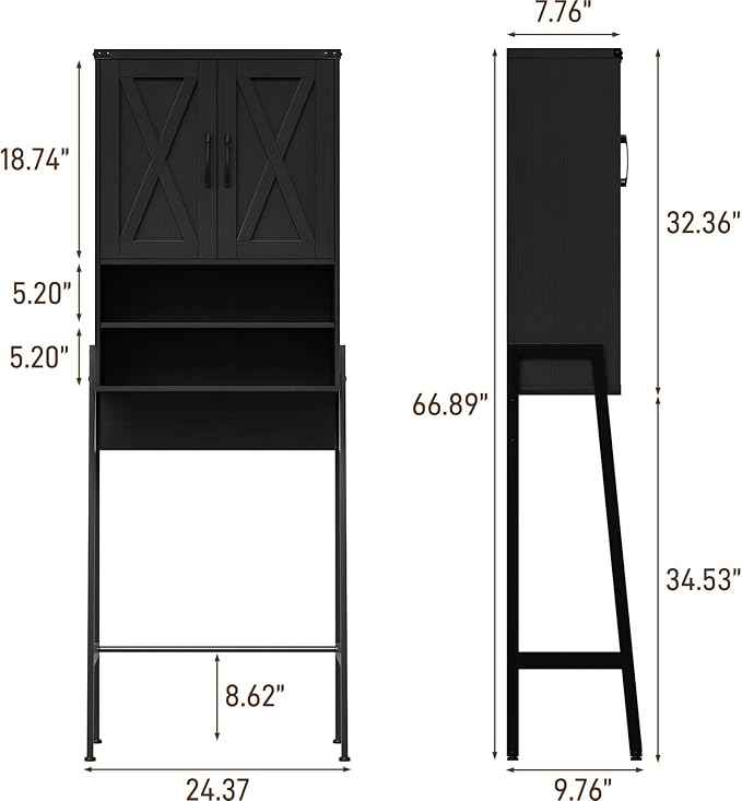 Vabches Over The Toilet Storage Cabinet, Farmhouse Over Toilet Storage Cabinet, Metal Frame with 2 Barn Doors, Home Space-Saving Toilet Rack for Bathroom, Toilet, Laundry Room,Black