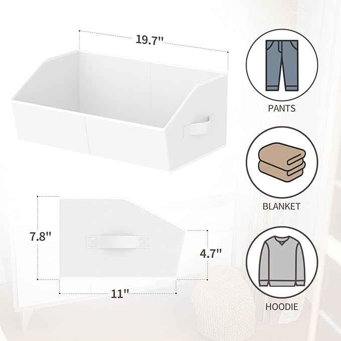 Storage Bins for Shelves - Large Trapezoid Closet Shelf Organizer, Fabric Organization Bins with Handles, Storage Baskets for Clothes, Towel, Purse, 4 Pack, White