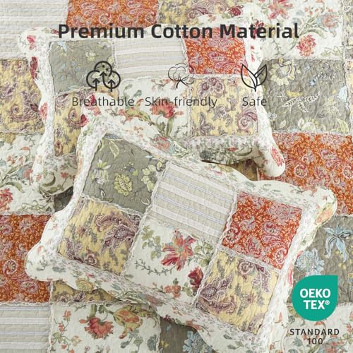 3 Piece Quilt Set King Size Quilted Bedspread Reversible Country Style Floral Real Patchwork Bedding Quilt Set with Ruffles with Pillowcases for All Seasons