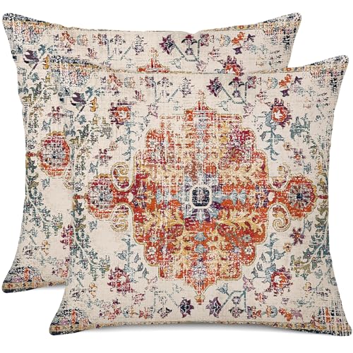 Outdoor Waterproof Pillow Covers 18x18 Inch Set of 2 Bohemian Vintage Carpet Pattern Pillow Covers Blue Burnt Orange Ethnic Design Decorative Farmhouse Couch Garden Balcony (8 Count)