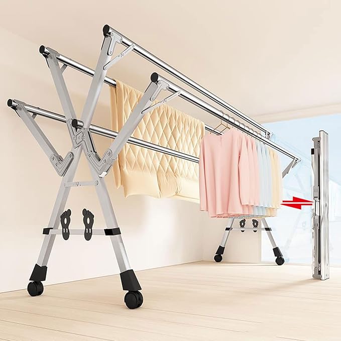 5Poles Clothes Drying Rack, Portable Drying Rack Clothing, Blanket Rack Clothesline with 20 Windproof Hooks for Indoor/Outdoor Use