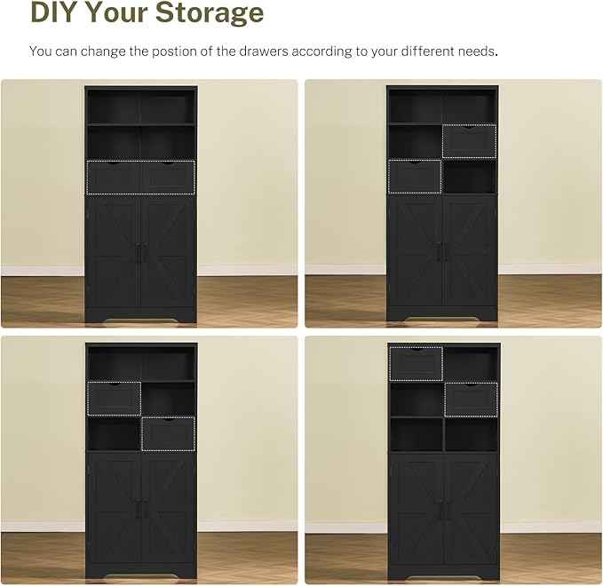 TEENFON Storage Cabinet with Doors & 2 Drawers, Kitchen Cabinet with Adjustable Shelf, Pantry Cabinets, Bathroom Cabinets, for Living Room, Entryway, Home Office, Black
