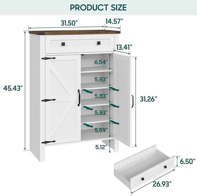 Vabches Shoe Storage Cabinet, 5-Tier Farmhouse Shoe Cabinet with Adjustable Shelves & Drawer, Wooden Shoes Rack Cabinets Storage Organizer with Doors for Entryway, Hallway, Closet, Living Room, White
