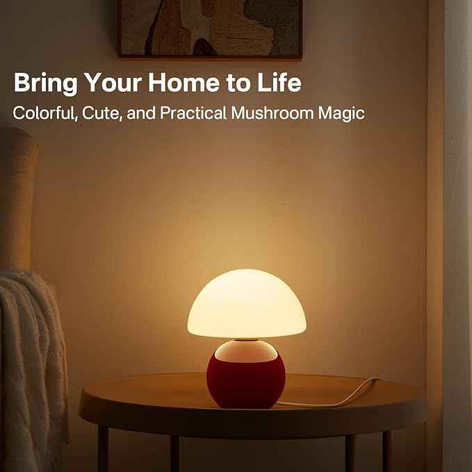 Mushroom Lamp Table Lamp for Bedroom,Desk Bedside Small Lamps for Living Room Night Stands,Mushroom Decor Cute Mini Modern Mid Century Lamps,Unique Aesthetic Home Living Room Decor(Wine Red)