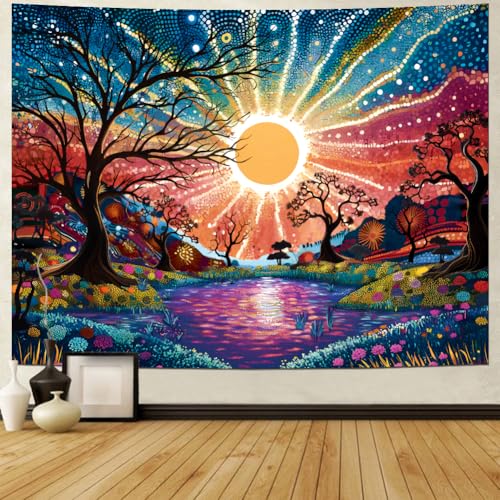 Tree of Life Tapestry Trippy Sun Forest Tapestries Colorful Starry Sky Tapestries Hippie Nature Landscape Tapestry Wall Hanging for Living Room Bedroom