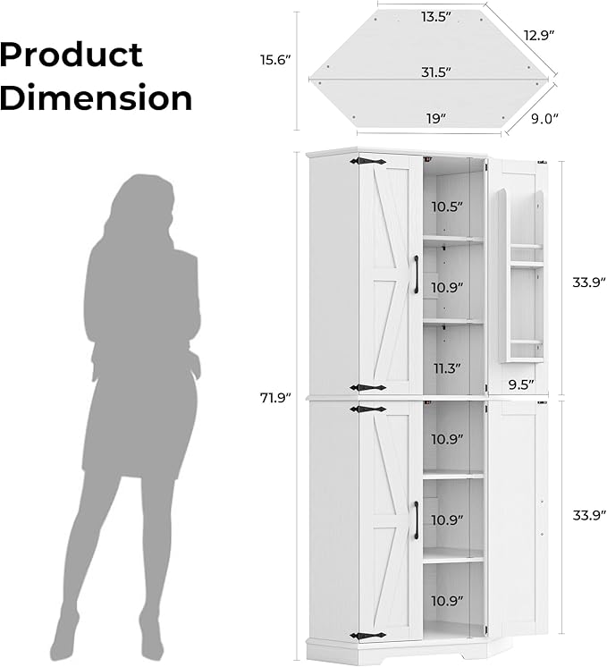 IRONCK Corner Cabinet, 72" Kitchen Pantry Cabinet, 6-Tier Freestanding Farmhouse Pantry with 2 Adjustable Shelves, 240°Swivel Doors, 2 Doors Storage, Spacious Hutch for Kitchen, Living Room, White