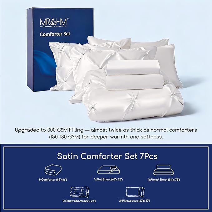 MR&HM Satin Comforter Full 7 Pieces - Luxurious Pinch Pleat Bedding Set with Comforter, Flat Sheet, Fitted Sheet, Pillowcases & Shams, Super Silky Soft Bed Set for All Season (Full, Ivory)