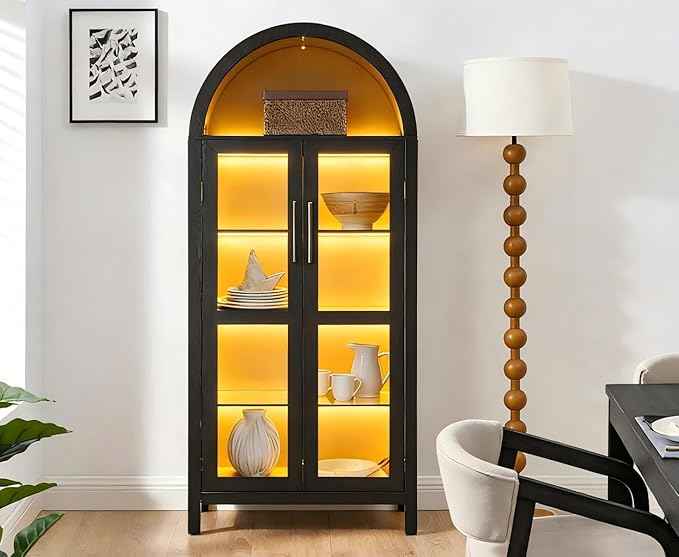 Arched Storage Cabinet with Doors, Display Cabinet with LED Light, 5-Tier Display Cases for Collectibles, Curio Cabinet with Ajustable Shelf for Living Room, Black