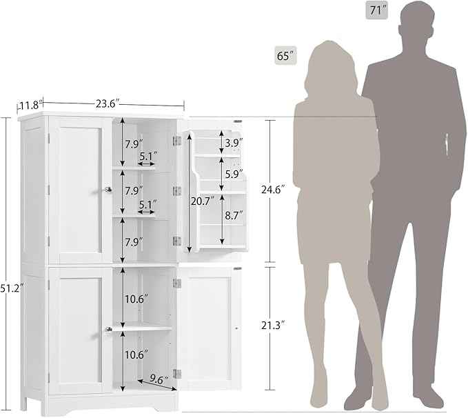 TEENFON 51" H Pantry Cabinet with 4 Doors, Kitchen Cabinet with 6 Door Shelves, Storage Cabinet for Living Room, Dining Room, Bathroom, White