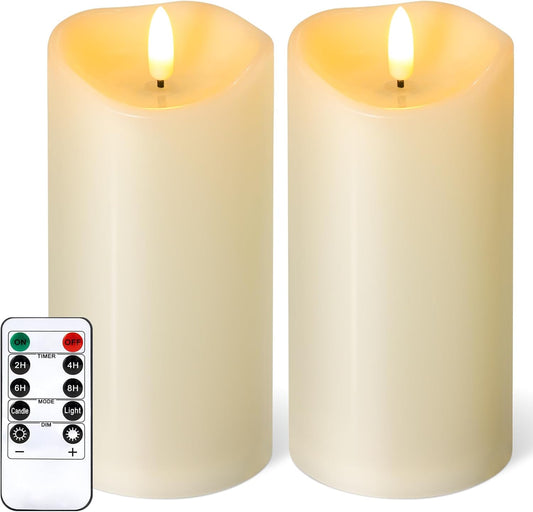 NURADA Outdoor Flameless Candles with Remote Timer - Waterproof Realistic Flickering LED Pillar Electric Battery Operated Fake Candle for Holiday Home Wedding Fireplace Decor - Ivory 2 Pack (6" 6")