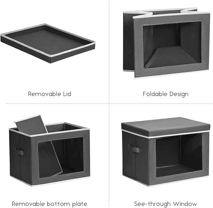 Storage Bins with Lids - Small Fabric Organizers with Window, Collapsible Storage Bins for Clothes, Decorative Closet Organizers for Towels, Tshirt, 4 Pack, Dark Grey