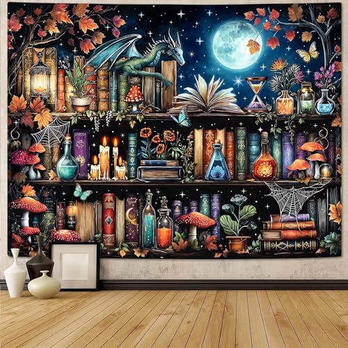 Dragon Bookshelf Tapestry Witchy Mushroom Bookshelf Tapestries Wall Hanging Gothic Medieval Fantasy Moon Dark Academia Book Large Tapestry for Bedroom Living Room Dorm 80 x 60 inch