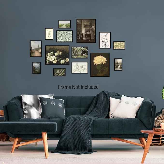 28 PCS Country Botanical Floral Gallery Wall Art， Vintage Posters For Room Aesthetic,Sage Green Wall Art Decor， Moody Art Vintage Painting Antique Pictures Set For Home Bedroom(Black Frame)