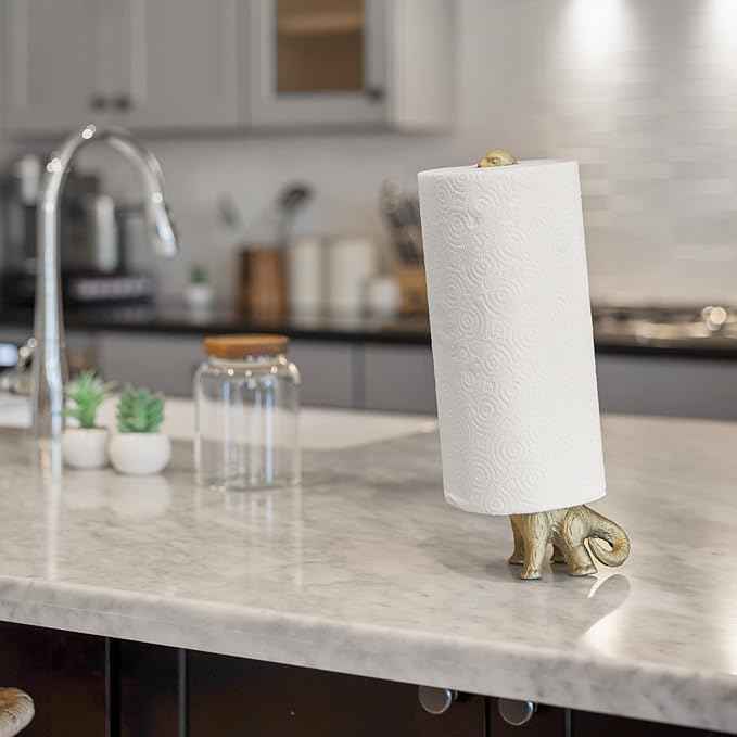 WallCharmers Gold Paper Towel Holder, Metal Toilet or Kitchen Paper Holder for Floor or Countertop, Gold Dino