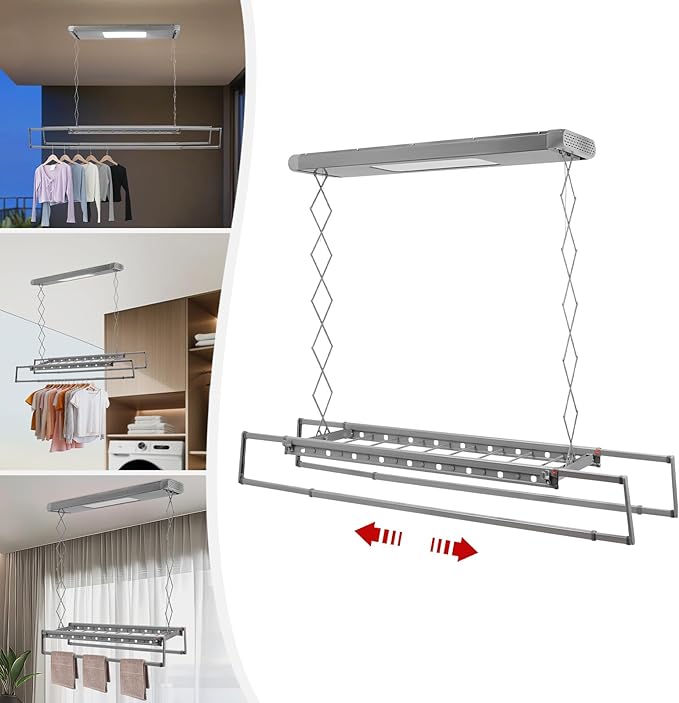Electric Retractable Airing Rack Gray, Ceiling Clothesline 77lbs Load, Ceiling Mounted Clothes Drying Rack 24W with Remote and Light for Laundry Balcony (Gray)
