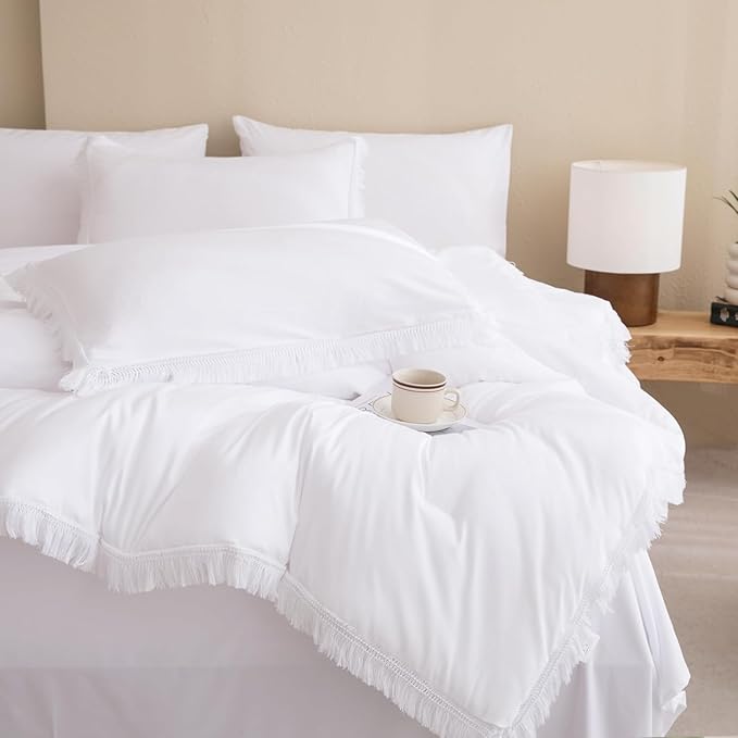 Andency Oversized King Comforter Set White 120x98-7 Pieces Boho Tassel Bed in a Bag Soft Lightweight Bedding Sets, Fringe All Season Bed Set with Comforter, Sheets, Pillowcases & Shams
