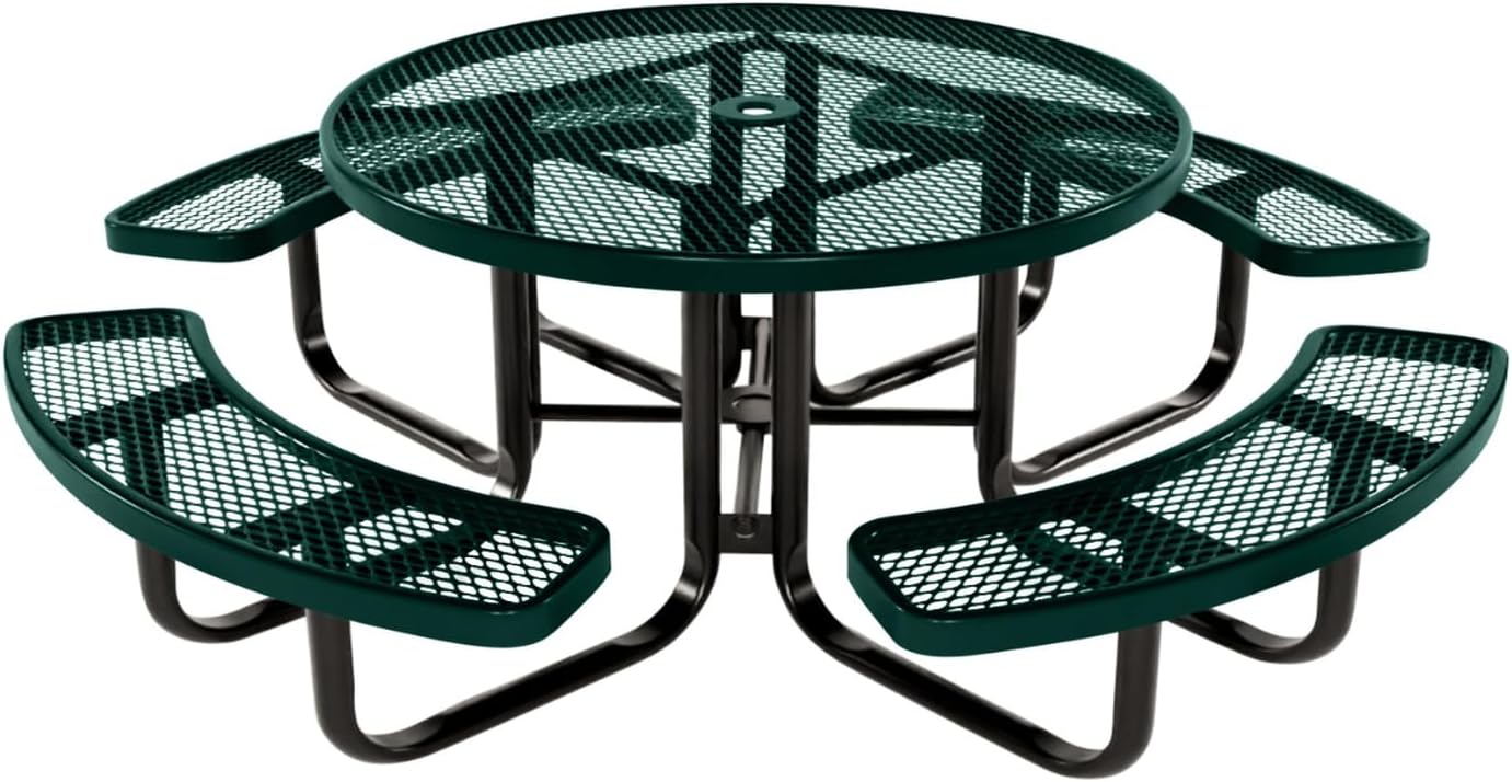 Heavy-Duty Portable Outdoor Kids Table with Umbrella Hole, Expanded Metal Kids Picnic Table, Commercial-Grade, Made in America (46 in, Round, Childrens, Textured Dark Green)