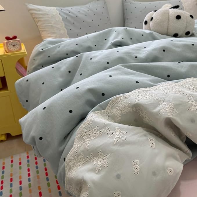 LifeTB Romantic Lace Comforter Set Queen Cute Polka Dots Comforter with 2 Pillowcases Fluffy Soft Microfiber Black Dots Bedding Set for Teens Girls Lightweight Princess Style Queen Comforter Set