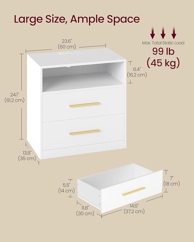 VASAGLE Custos Collection - Set of 2 Nightstands with Charging Station, LED Lights, Modern Night Stands, Side End Tables with Drawers, Open Shelf, 2 AC Outlets USB Ports, Cloud White ULET639WB01S-2J