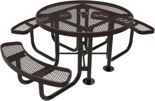 Heavy-Duty Portable Outdoor Picnic Table with Umbrella Hole, Expanded Metal Patio Dining Furniture Made in America (46" Round Top, Brown)