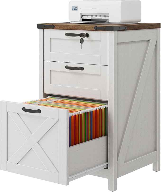 Vabches Vertical File Cabinet with 3 Drawers, Wooden Farmhouse Filing Cabinet for Letter/A4 Size Hanging Files, Under Desk Printer Stand with Storage for Home Office, White and Lock