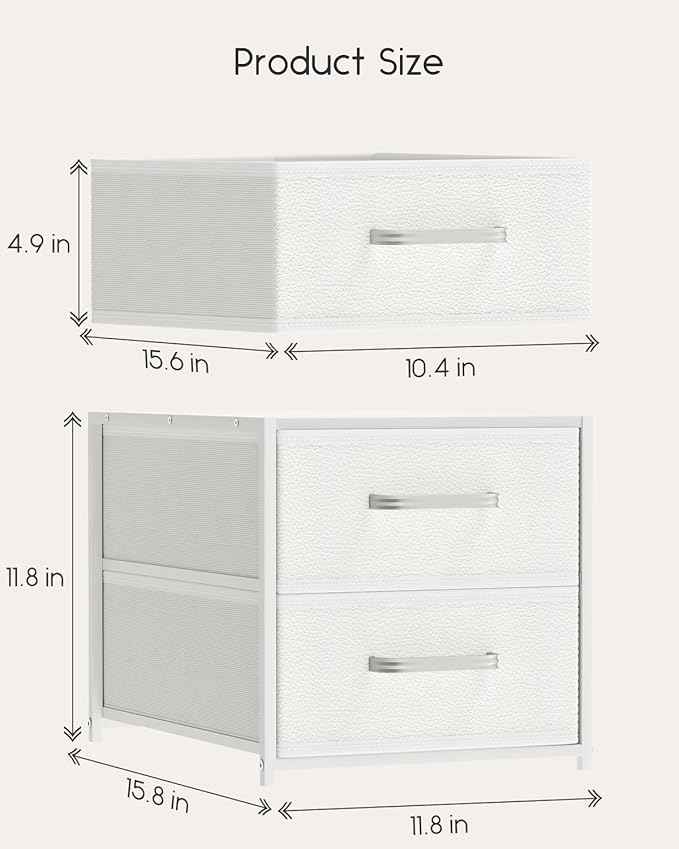Stackable Storage Drawers - 2 Tier Closet Drawers, Closet Organizer with Metal Handles, Night Stand with Collapsible Bins, Fabric Dresser for Bedroom, Dorm, Office, White, 1 Pack