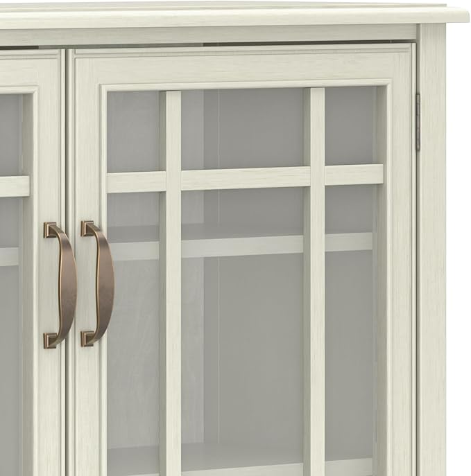 SIMPLIHOME Connaught Storage Cabinet - 46 inch Wide Solid Wood Tall Cabinet in Antique White, Traditional Console for Living Room or Dining Room with Glass Doors, Adjustable Shelves, and Drawers
