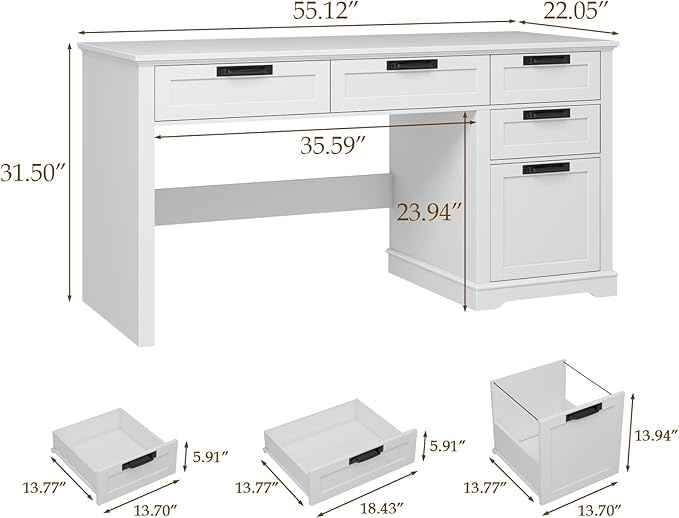 Vabches 55" Farmhouse Home Office Desk with File Drawer, Executive Computer Desk with 4 Storage Drawers, Rustic Computer Desk for Working, Studying, Writing, White